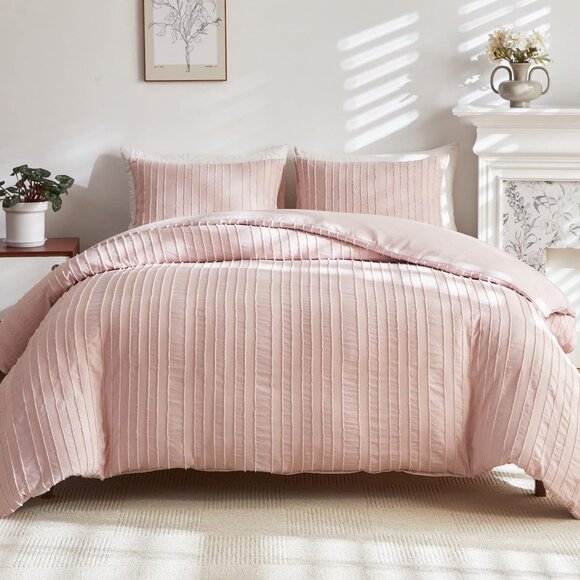 Boho Duvet Cover Striped Textured Duvet Cover Set Tufted Bedding Set  Pink - Picture 1 of 8